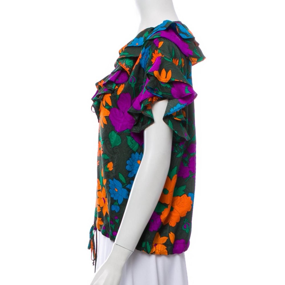[Warm] Silk Floral Print Ruffle Tie Top - Picture 3 of 3
